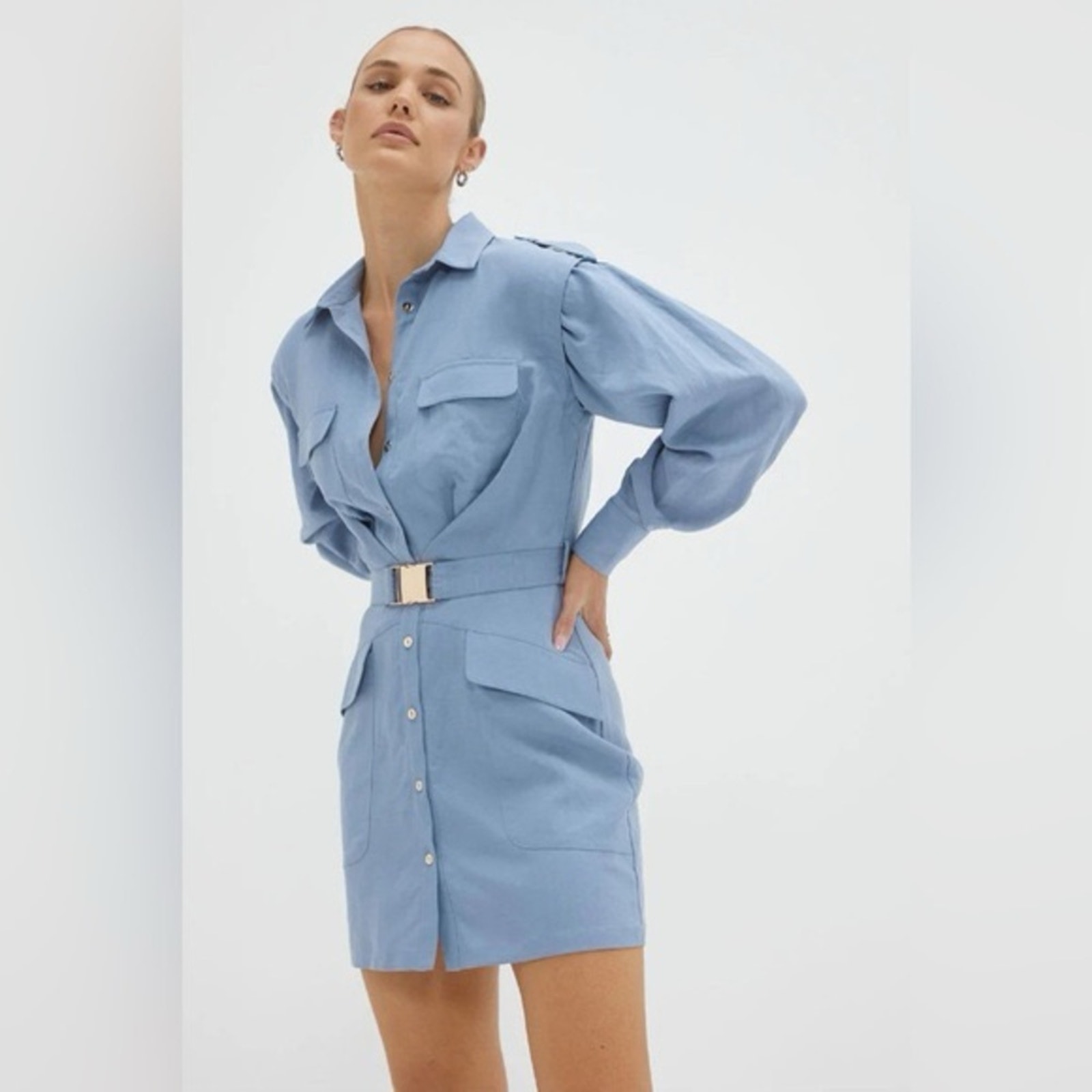 New Sovere Anthropologie Nouvelle Linen Cargo Shirt Dress In Blue Haze Womens L